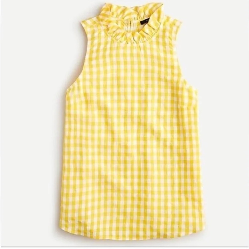 J. Crew yellow gingham sleeveless blouse with ruffle neck. Very flattering!